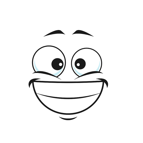 Grinning smiley showing teeth, happy face with broad smile isolated icon. Vector emoticon with big toothy smile, smiling emoji with big eyes. Happy emoji social network speech element, chatbot avatar