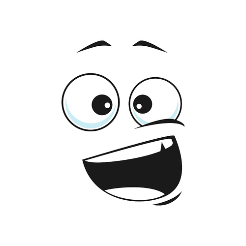 Happy smiling emoji with big eyes and broad open mouth isolated. Vector grinning smiley showing teeth, cheerful face with broad smile. Laughing and joking emoticon, naughty face expression