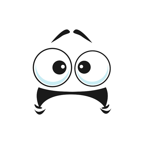 Cartoon face vector icon, frightened worry emoji, scared facial expression with wide open or goggle eyes and open tremble mouth. Fear or worry feelings isolated on white 