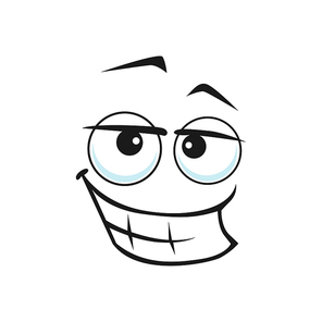 Cartoon face with wide lustful smile, vector ogle facial expression. Isolated funny character flirting, positive emotion, comic face with toothy smiling mouth, raised eyebrows and half open eyes
