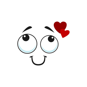Cartoon dreaming face with red hearts over head and smiling mouth, vector love emoji. Funny facial expression, positive feelings, cute loving character isolated on white 