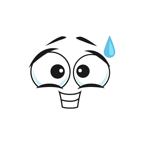 Cartoon sweating face vector smile, guilty or hangdog emoji, funny smiling facial expression with drop of sweat. Human feelings, in fault comic emotion isolated on white 
