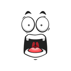 Loudly screaming emoji face, shocked emoticon in bad mood isolated icon. Vector frightened character, horror face expression of emoji. Crazy screaming emoticon, shouting smiley with wide open mouth