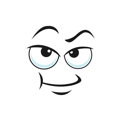 Disbelief emoticon expression, distrusted sad mood emoji isolated line art icon. Vector suspicious emoticon with angry face. Distrustful emoji with big eyes curved smile, doubtful or questioned smiley