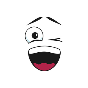 Cute cartoon winking face, happy emoji with toothy smile open mouth isolated icon. Vector emoticon ok gesture winking blinking eye. Happy emoji cheerful positive facial expression, okey gesture