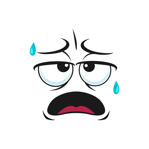 Tired emoticon, no energy avatar with tongue in mouth isolated character. Vector burnout emoticon, exhausted face expression after workout, face with drops of sweat. Fatigue comic smiley head