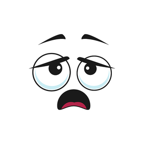 Tired or bored emoticon isolated icon. Vector exhausted face expression, sleepy avatar with big eyes, open mouth with tongue. Indifferent uncertain emoji, comic smiley head, depressed emoticon