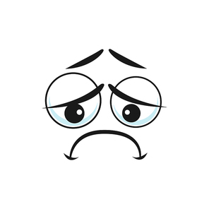 Depressed sad upset emoticon character emoji isolated icon. Vector bored smiley with depressed big eyes looking down. Unhappy emoji with offended sorrow expression, sadness, mourning and grief