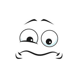 Unhappy sad emoji with curved smile isolated facial expression icon. Vector upset emoticon with offended sorrow head. Bored irritated smiley with big eyes, depressed character in bad mood