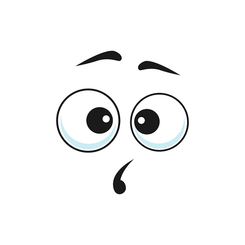 Surprised cartoon face vector curious funny emoji, astonished facial expression with open mouth and goggle eyes. Wow feelings isolated on white 