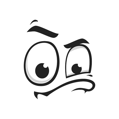 Cartoon face vector icon, suspecting emoji with squinted eyes and closed mouth with thick lip. Facial expression, suspect funny feelings isolated on white 