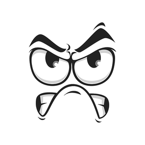 Upset emotion, wrathy sad emoji with closed toothy mouth, angry smiley isolated. Vector grumpy sullen emoji, ireful or rageful emoticon. Irritated angry smiley in bad mood, emoji with eyebrows up