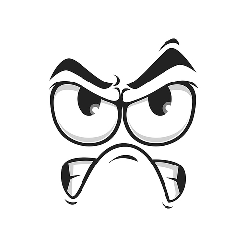 Upset emotion, wrathy sad emoji with closed toothy mouth, angry smiley isolated. Vector grumpy sullen emoji, ireful or rageful emoticon. Irritated angry smiley in bad mood, emoji with eyebrows up