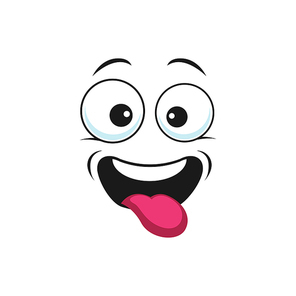 Smiley making fun of someone in playful way, emoticon showing tongue isolated icon. Vector teasing emoji face expression. Yummy emoji speech bubble or chatbot, tasty food, enjoy of gourmet snack