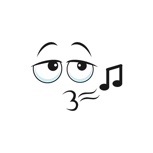 Singing character emoticon with kissing lips, singer facial expression with note melody sign isolated icon. Vector singer face expression with music sign. Emoji singing song, avatar expressing sounds