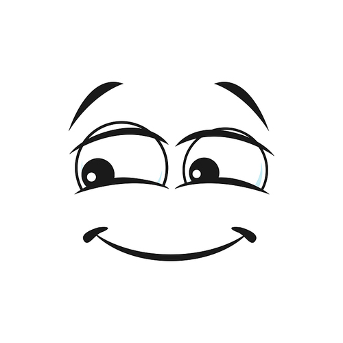 Cheerful comic embarrassed smiley with broad thin smile isolated icon. Vector happy confident emoticon with big eyes, kind happy emoji. Kind-hearted facial expression gesture of happiness and pleasure