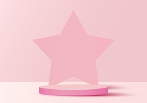 3D minimal scene cylinder podium in soft pink background with star shape backdrop. Display show cosmetic product, showcase, shop front. Vector illustration