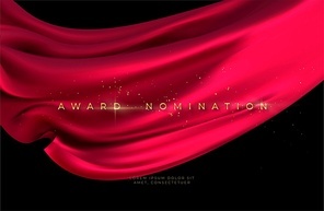 Award nomination ceremony with luxurious red flying silk wavy background with gold glitter and sparkle. Vector illustration EPS10