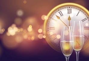 2021 New Year background with a clock and glasses of champagne and glowing bokeh light. Vector illustration EPS10