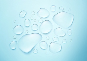 Realistic drops of pure water on a blue background. The real effect of transparency. Vector illustration EPS10