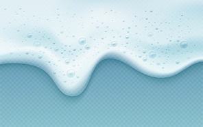 Soap foam with bubbles isolated on a blue transparent . Shampoo bubbles texture. Vector illustration EPS10