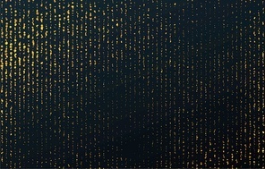 Gold dust falling flying sparkling confetti dots of vertical lines on a black background. Festive lights, golden garlands, tinsel decoration. Vector illustration EPS10
