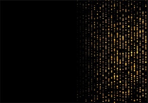 Gold dust falling flying sparkling confetti dots of vertical lines on a black background. Festive lights, golden garlands, tinsel decoration. Vector illustration EPS10