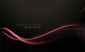 Abstract shiny color rose gold wave design element on dark background. Fashion motion flow design for voucher, website and advertising design. Golden silk ribbon for cosmetic gift voucher