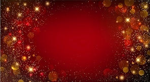 Holiday Abstract shiny color gold bokeh design element and glitter effect on red background. For website, greeting, discount voucher, greeting and poster design