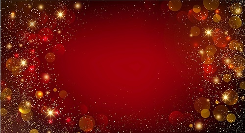 Holiday Abstract shiny color gold bokeh design element and glitter effect on red background. For website, greeting, discount voucher, greeting and poster design
