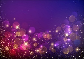 Holiday Abstract shiny color gold bokeh design element and glitter effect on purple background. For website, greeting, discount voucher, greeting and poster design