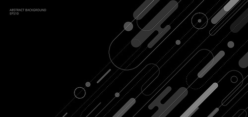 Abstract white and gray diagonal rounded border lines and geometric dots pattern on black background. Vector illustration