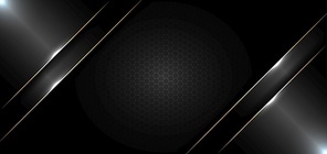 Abstract banner design template black glossy with gold line and lighting effect on dark background and texture. Luxury style. Vector illustration