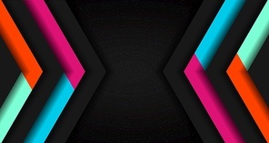 Abstract vibrant color triangle geometric overlap layer on glowing particles dots black background technology concept. Arrow shape direction colorful template for cover brochure, poster, banner web, flyer, presentation, etc. Vector illustration