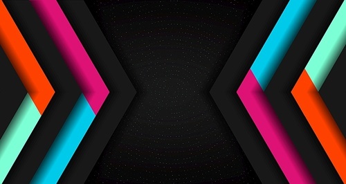 Abstract vibrant color triangle geometric overlap layer on glowing particles dots black background technology concept. Arrow shape direction colorful template for cover brochure, poster, banner web, flyer, presentation, etc. Vector illustration