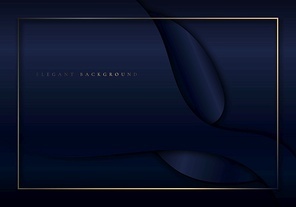 Abstract elegant dark blue shiny curved shape background with golden border frame luxury style. Vector illustration