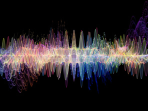 Wave Function series. Artistic abstraction composed of colored sine vibrations, light and fractal elements on the subject of sound equalizer, music spectrum and  quantum probability