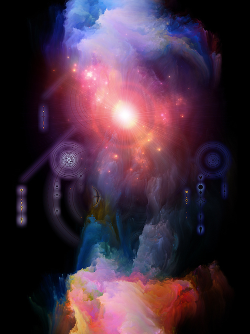 Math of Destiny. Platonic Space series. Abstract fractal nebula and mystic signs on subject of inner Self, astrology, the occult, witchcraft, magic and its symbols.