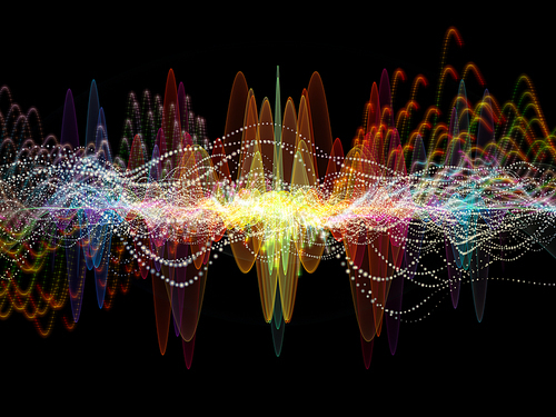 Wave Function series. Design made of colored sine vibrations, light and fractal elements to serve as backdrop for projects related to sound equalizer, music spectrum and  quantum probability