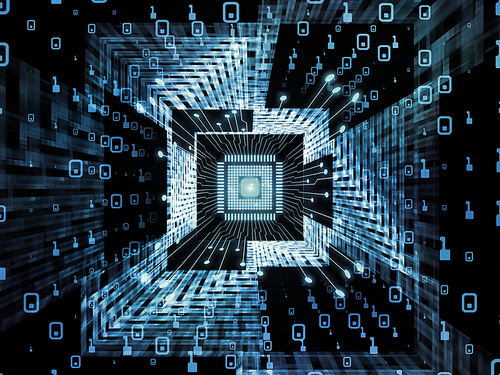 Computing Machine series. Design composed of CPU with fractal environment in perspective as a metaphor on the subject of computer science, digital world, virtual reality and modern technology