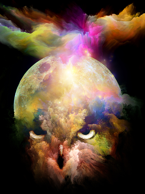Symbols of Our Time series. Surreal digital art of  the moon , colors and owl on the subject of inner life, spirituality, dreams, memory, shamanism, mind, creativity and imagination.