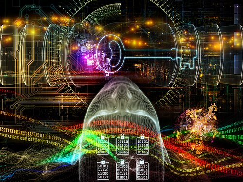 Background design of human head, key symbol and fractal design elements on the subject of encryption, security, digital communications, science and technology