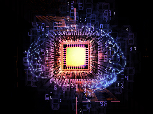 Design composed of head outlines, computer chip, numbers on the subject of thinking, logic, computing and brain power