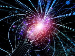 Trails of Technology series. Backdrop composed of particle trails, light and science related elements in three dimensional space and suitable for use in the projects on modern technology
