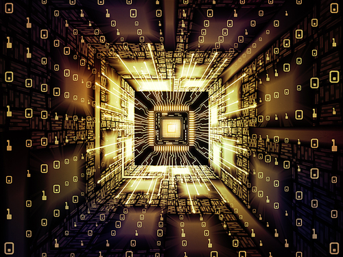 Computing Machine series. 3D illustration of CPU with fractal environment in perspective on the subject of computer science, digital world, virtual reality and modern technology