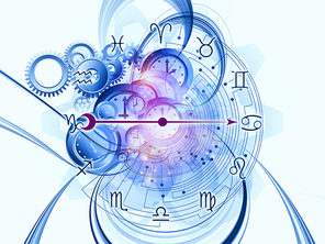 Background design of Zodiac symbols, gears, lights and abstract design elements on the subject of astrology, child birth, fate, destiny, future, prophecy, horoscope and occult beliefs