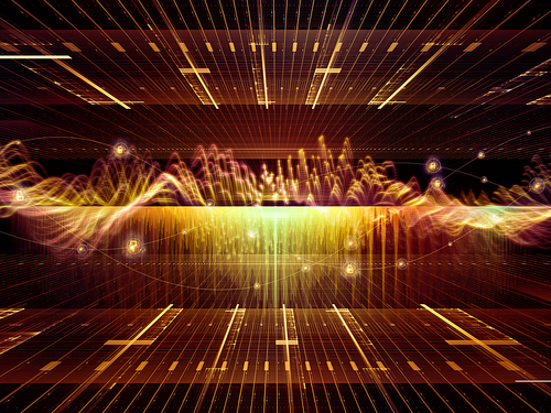 Wave Function series. Background design of colored sine vibrations, light and fractal elements on the subject of sound equalizer, music spectrum and  quantum probability