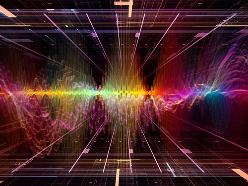 Wave Function series. Design composed of colored sine vibrations, light and fractal elements as a metaphor on the subject of sound equalizer, music spectrum and  quantum probability