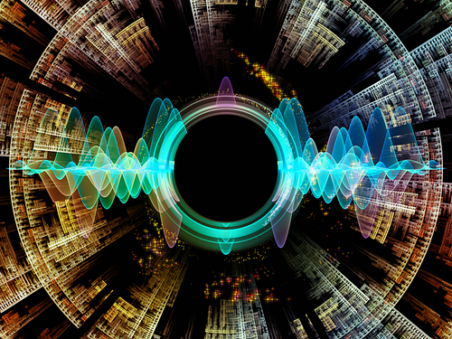 Wave Function series. Visually pleasing composition of colored sine vibrations, light and fractal elements for works on sound equalizer, music spectrum and  quantum probability