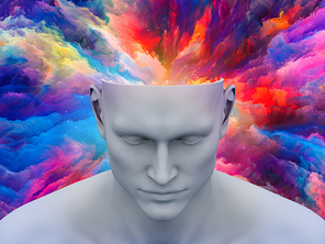 Brainstorm. 3D illustration of human head with colorful fractal clouds for subjects on art, psychology, creativity, imagination and dreams. Custom background series.